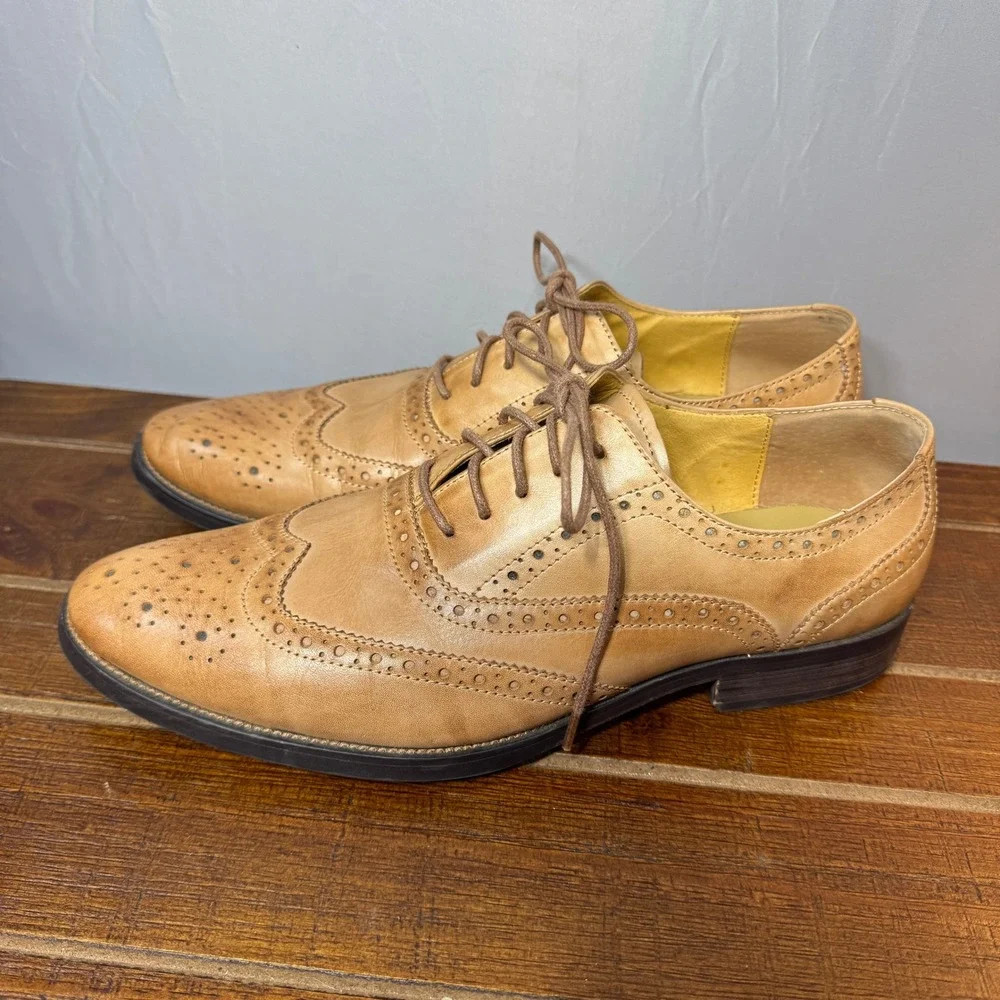 DRSG Tan‎ Leather Wingtip Brogue Oxford Dress Shoes Men's 9.5 US Business Preppy